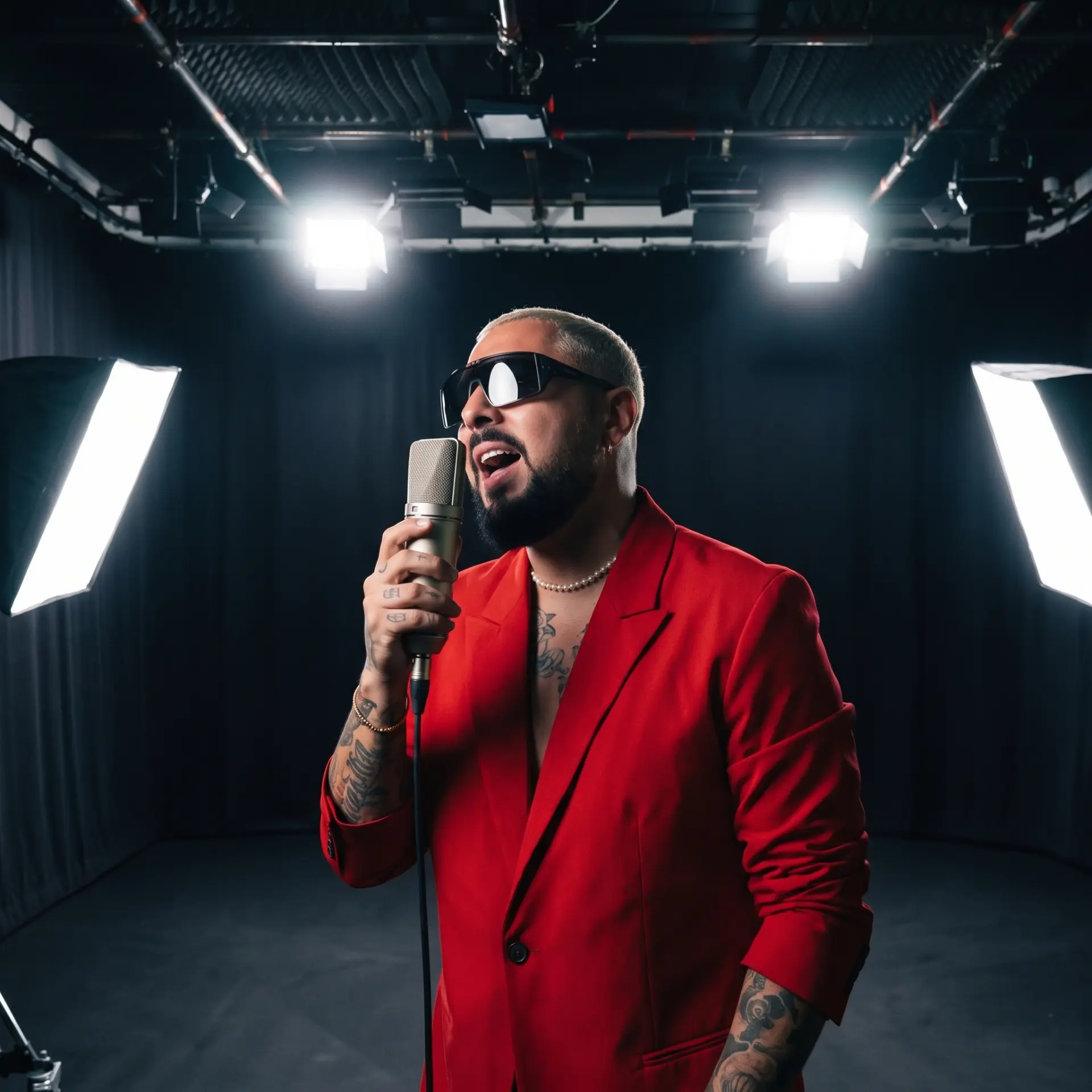 Marc Isla en veste rouge, chantant dans un studio