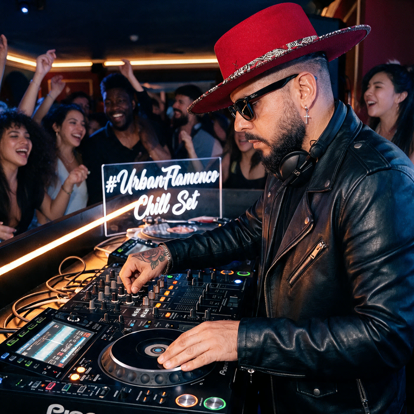 Marc Isla au DJ set #UrbanFlamenco, chapeau rouge, devant la foule